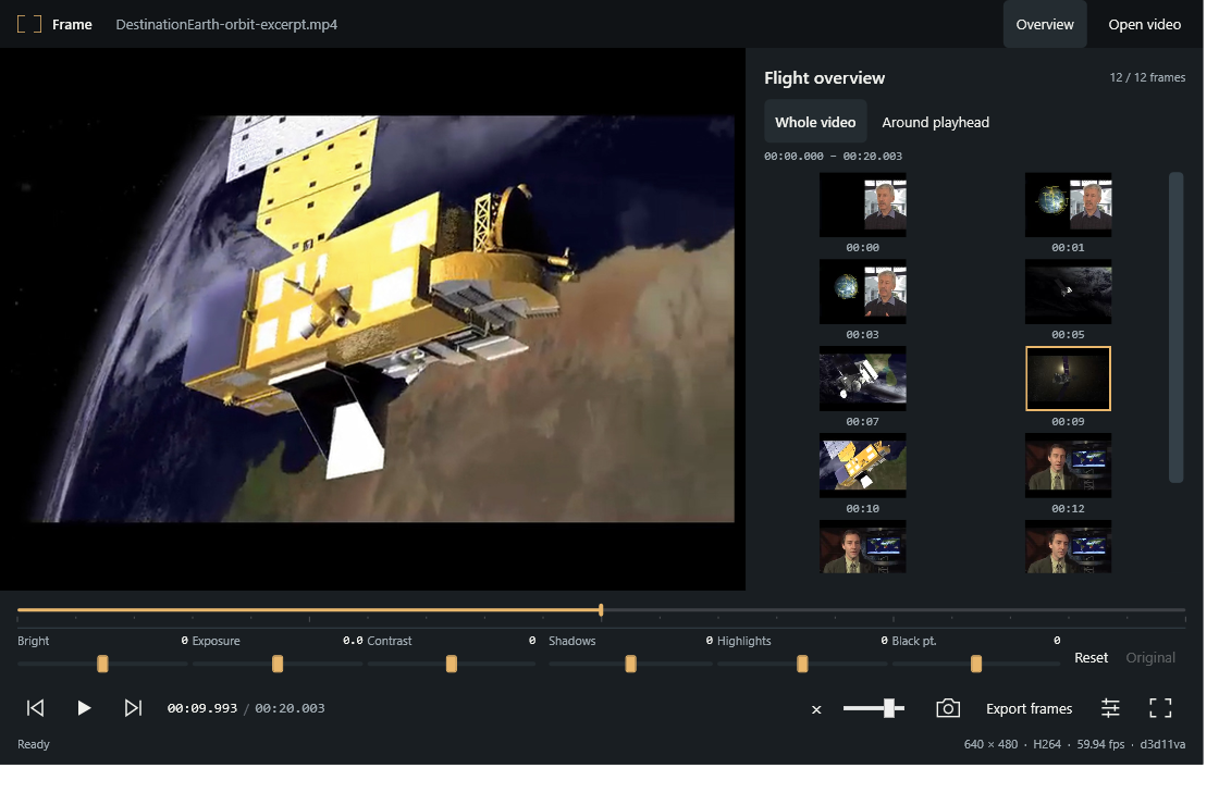 Frame showing Earth-orbit footage, a video overview and picture controls